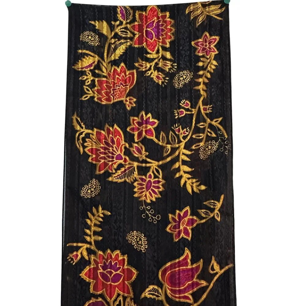 Vintage Liz Claiborne Floral‎ Stripe Scarf Black Red Gold Lightweight Wrap
